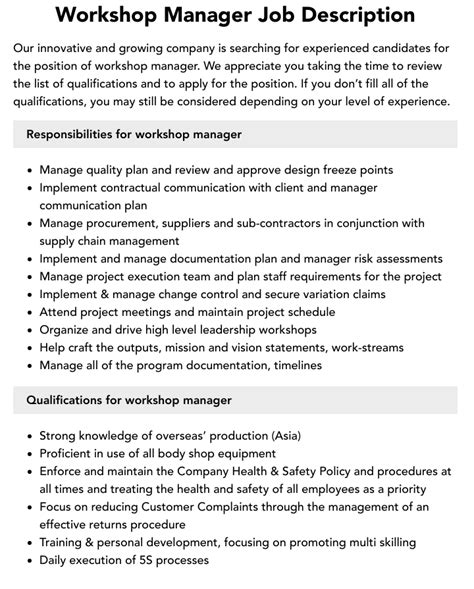 workshop supervisor duties and responsibilities